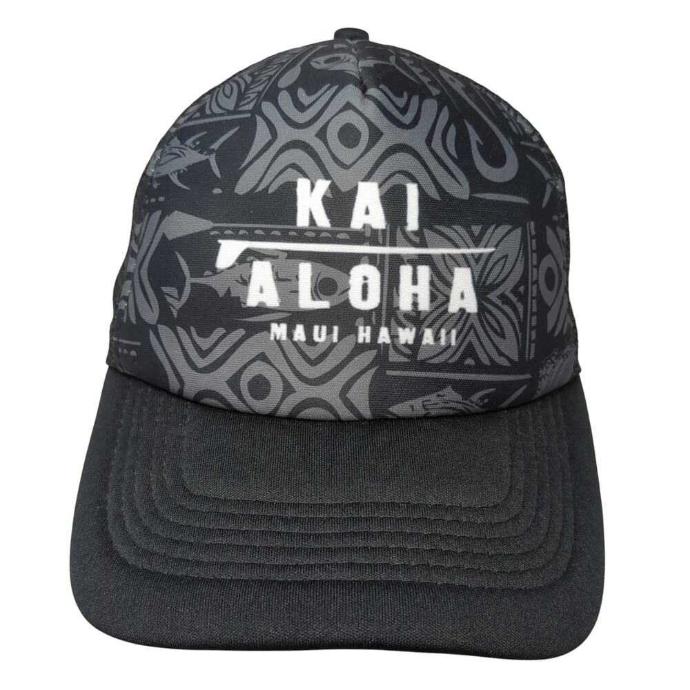 Kai Aloha Maui Hawaii Snapback Trucker Hat Black One Size Adjustable Mesh Back